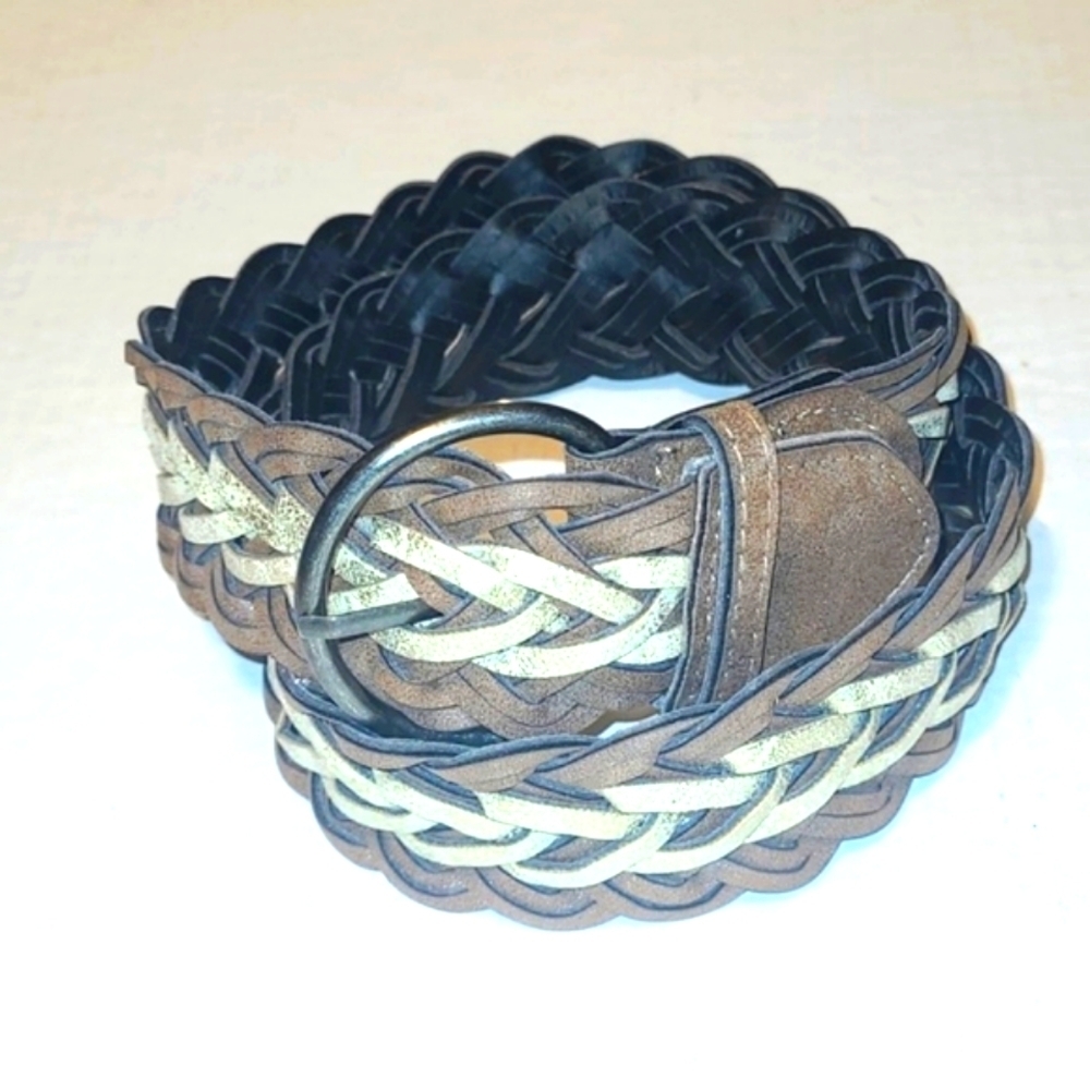 Belt Genuine Leather Woven  38" Brown White & Silver Reversible to Black 1.75" w